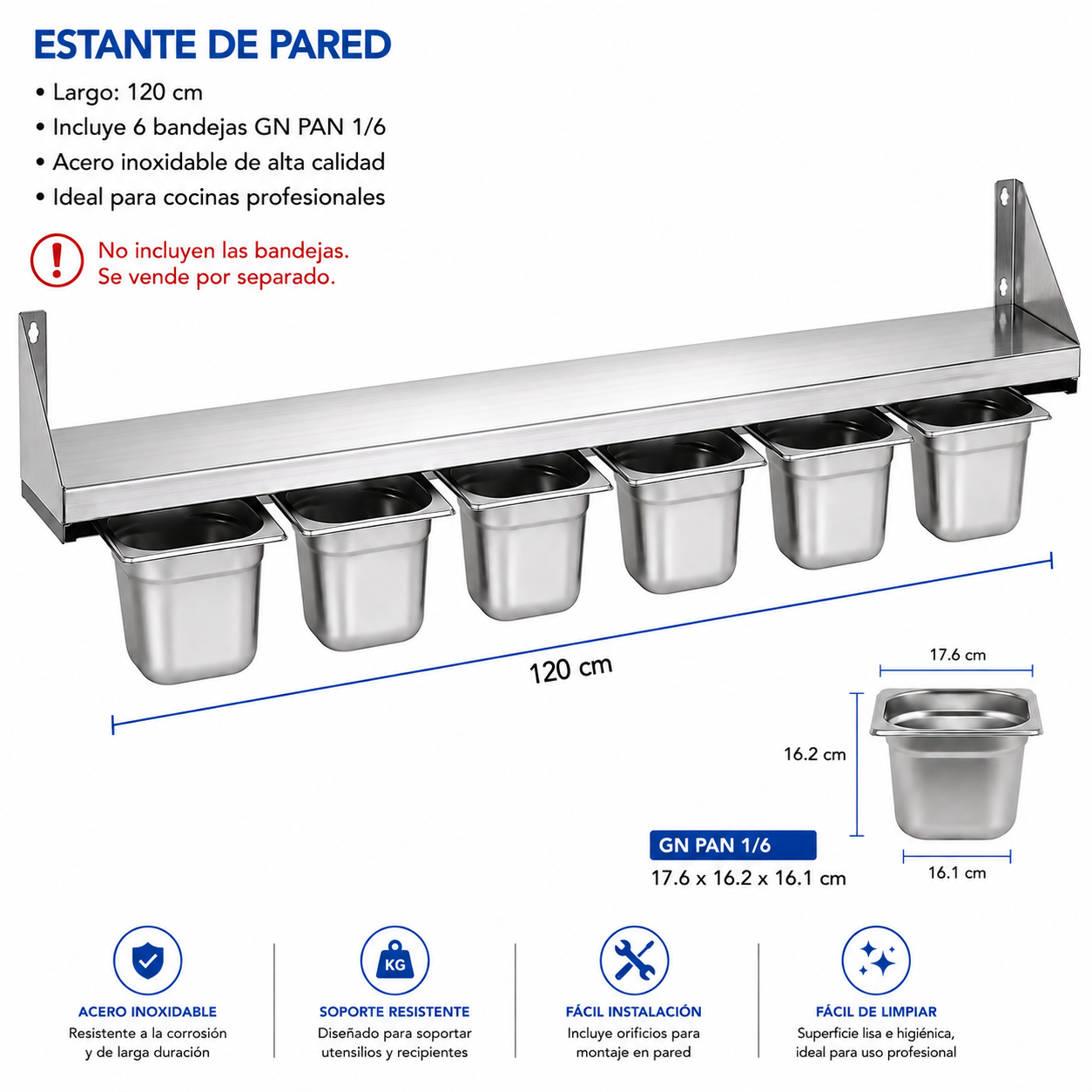(LLEGANDO 14 DE AGOSTO) Repisa de Pared con Porta Bandejas GN PAN 1/6 de Acero Inoxidable | Organizador para Cocina Comercial | 120cm |No Incluyen las Bandejas | 330804