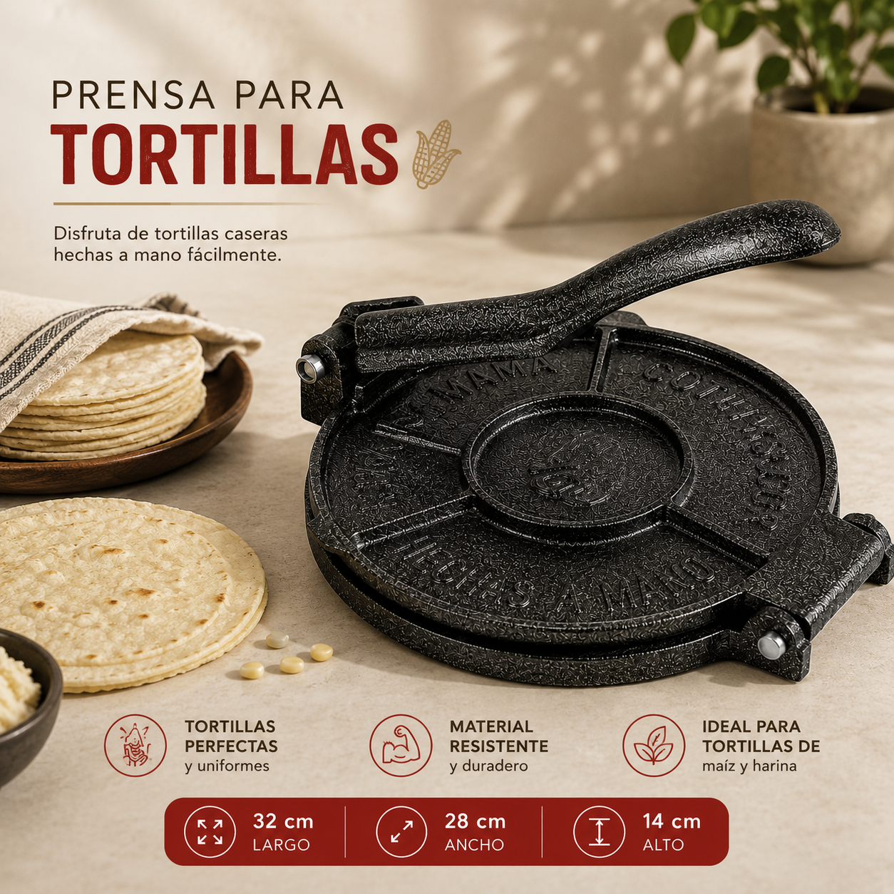 Prensa Manual Tortillera para Tortillas de Maíz y Harina 32×28×14cm – 743-98119G