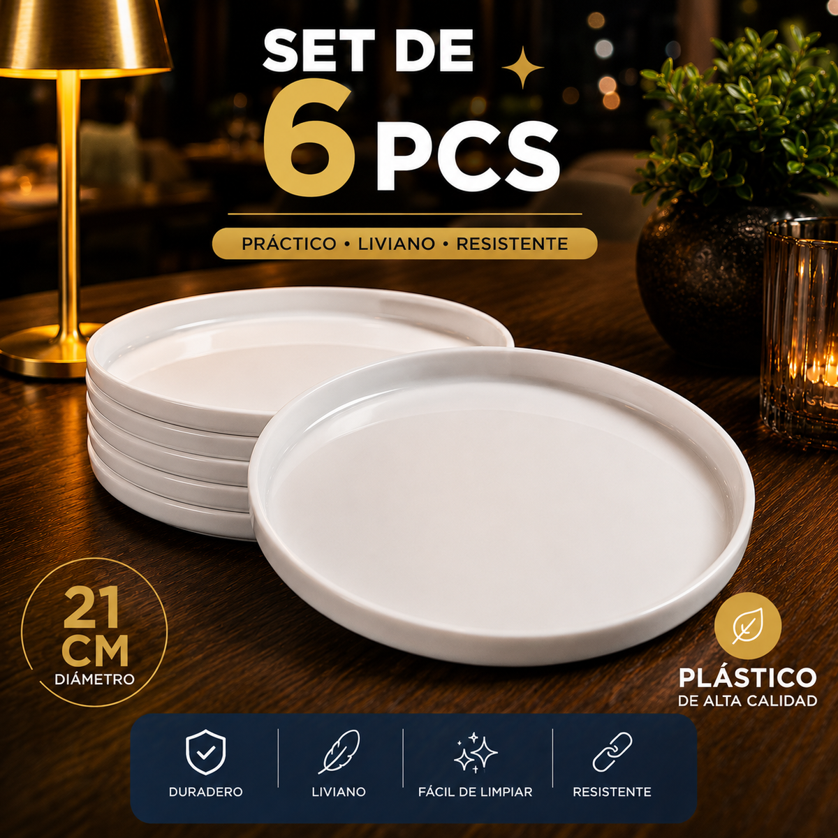 Set de 6 Platos de Melamina Plástico Blanco Redondo Circular 21cm | Calidad Profesional para Restaurante y Hoteles | 726-TR2310W