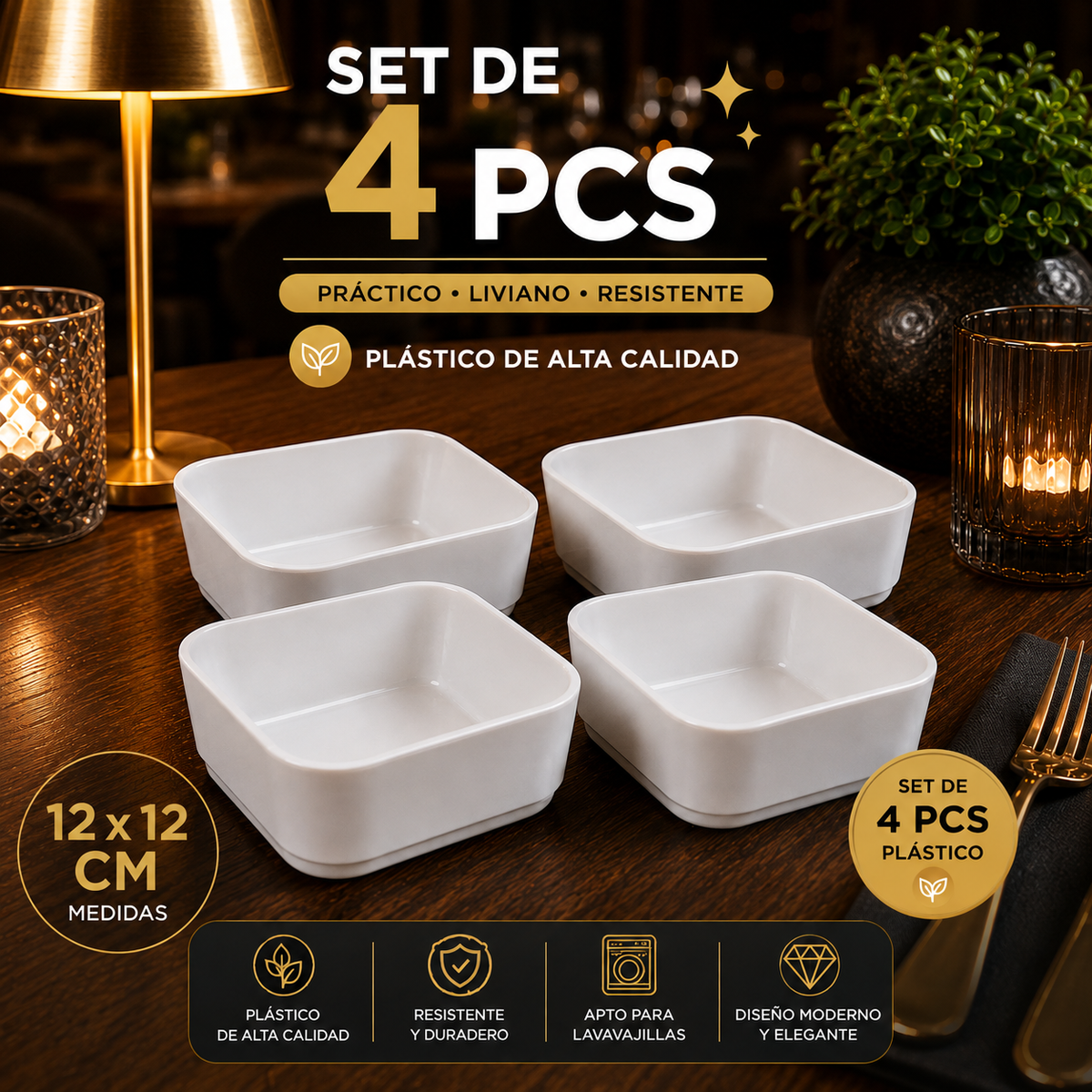 Set de 4 Plato Hondo Cuadrado Plástico Melamina Blanco 12×12cm – Calidad Profesional para Restaurantes y Hoteles | 726-TR2329W