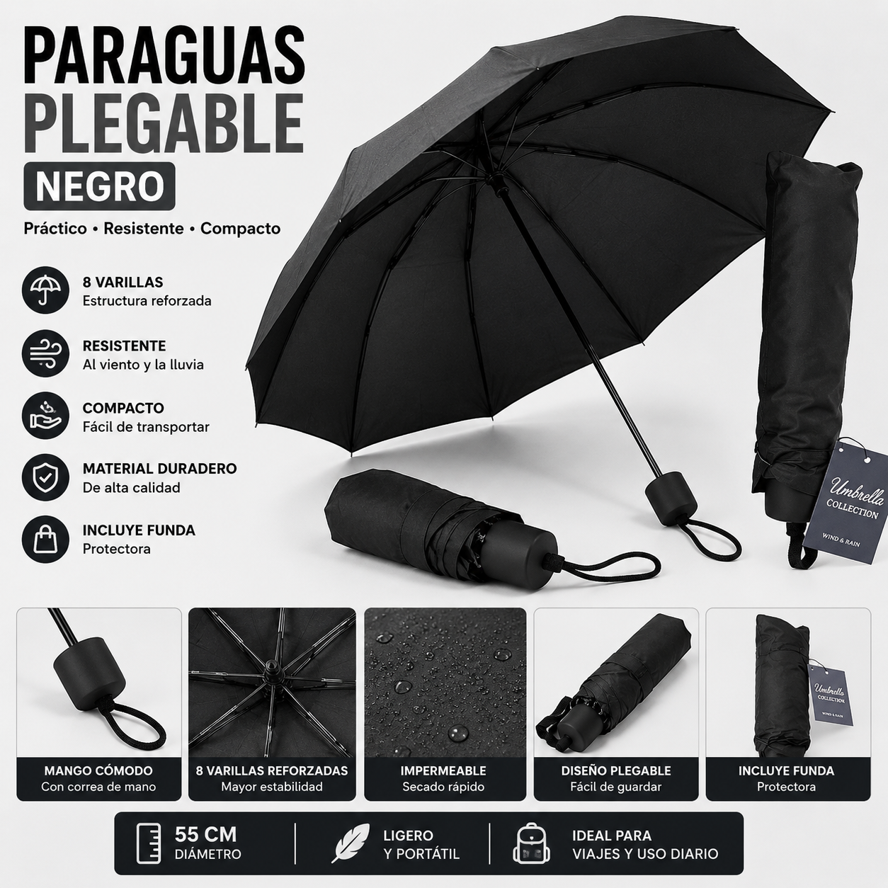 (LLEGANDO 3 DE JULIO) Paraguas Plegable de Bolsa Negro de 55 cm | 8 Varillas Resistente al Agua y Compacto 81850