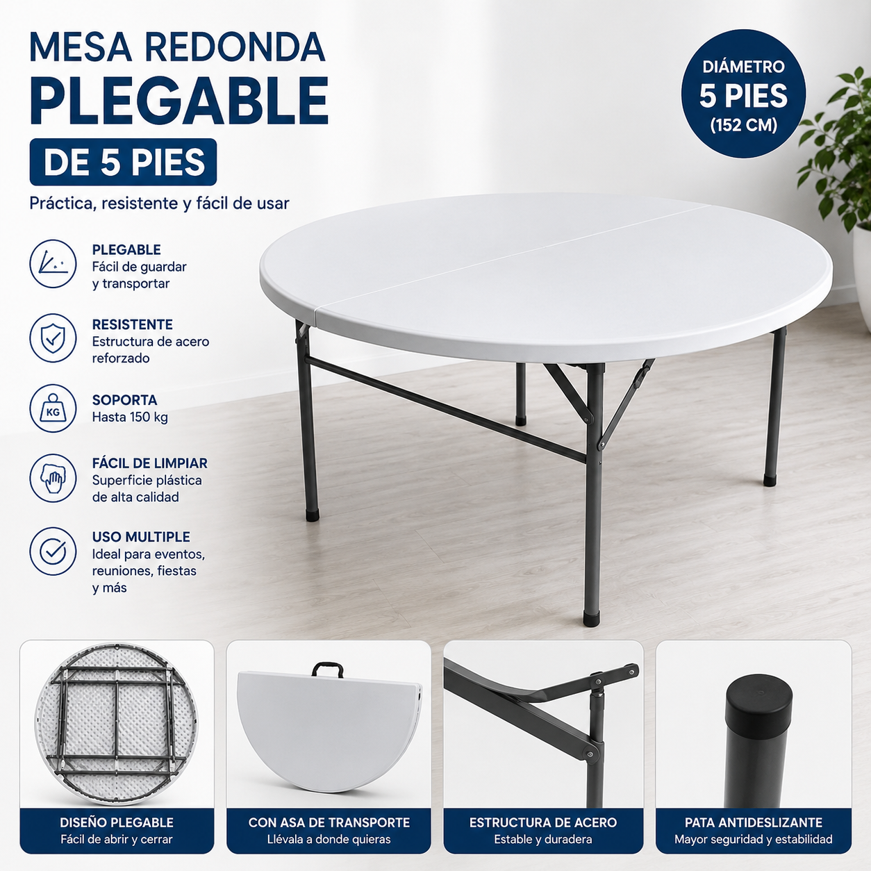(LLEGANDO 3 DE JULIO) Mesa Plástica Redonda Plegable de 5 Pies (150cm) | Mesa para Eventos, Jardín y Reuniones BSL-R-152