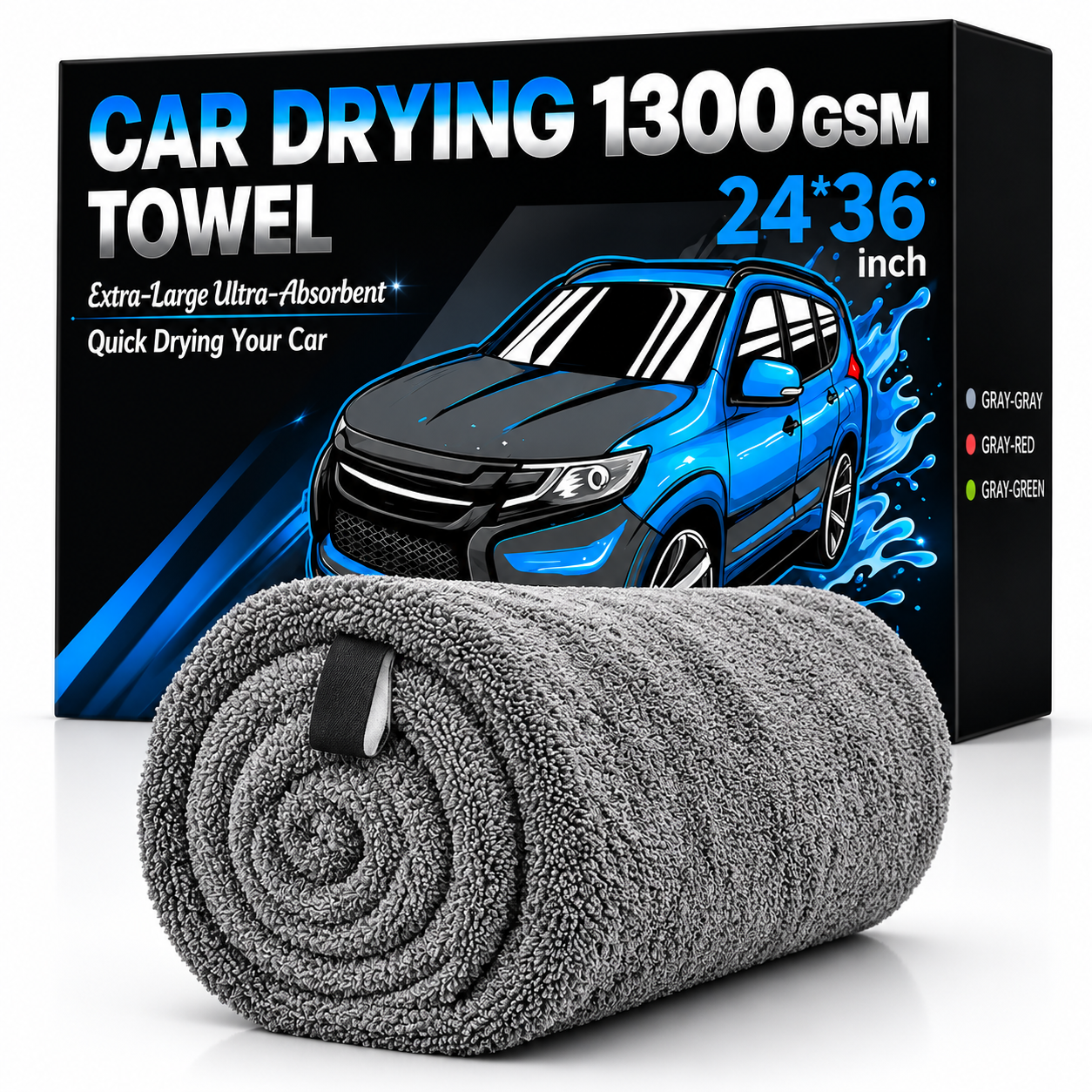 Toalla Paño De Microfibra Ultra Absorbente Para Secado De Autos Gruesa 1300 GSM. Paño De Secado Automotriz 60×90 Cm (24×36"). Color Gris. LT938