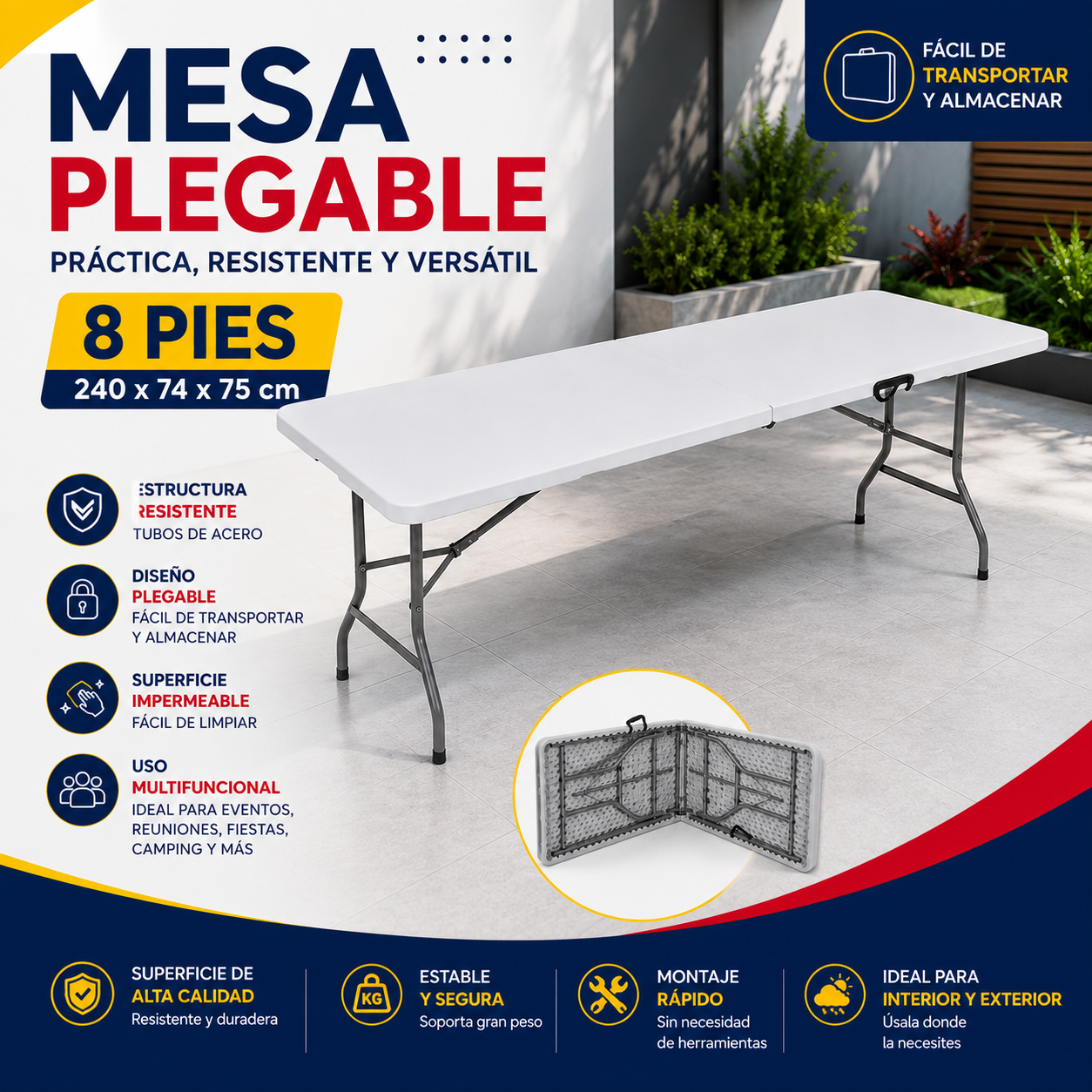 (LLEGANDO 3 DE JULIO) Mesa Plegable Plástico de 8 Pies 240x74x75cm | Mesa Portátil Multiusos para Eventos, Fiestas y Negocios HS-NZ240
