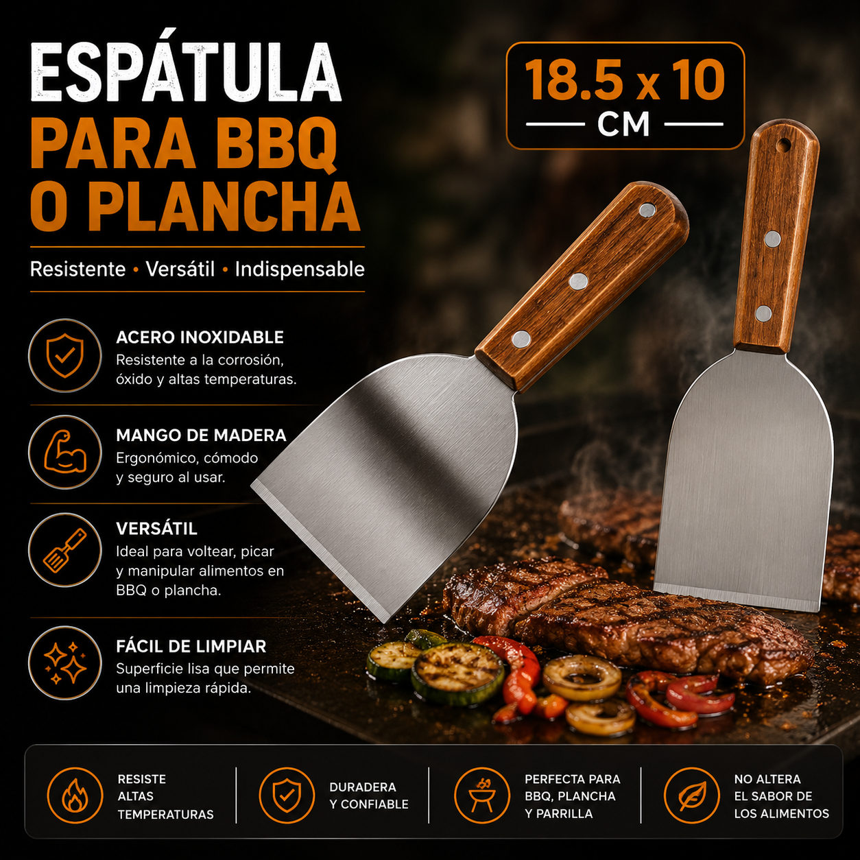 Espátula de Acero Inoxidable 18.5x10cm con Mango de Madera para Cocina 85988