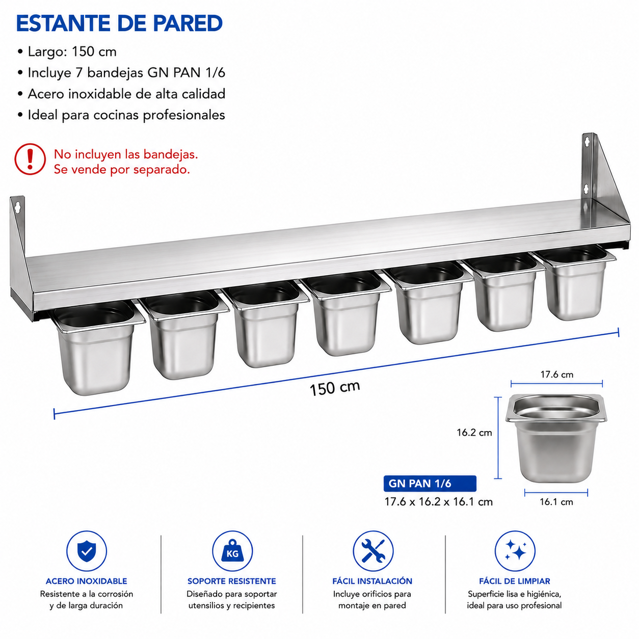 (LLEGANDO 14 DE AGOSTO) Repisa de Pared con Porta Bandejas GN PAN 1/6 de Acero Inoxidable | Organizador para Cocina Comercial | 150cm | No Incluyen las Bandejas| 330806
