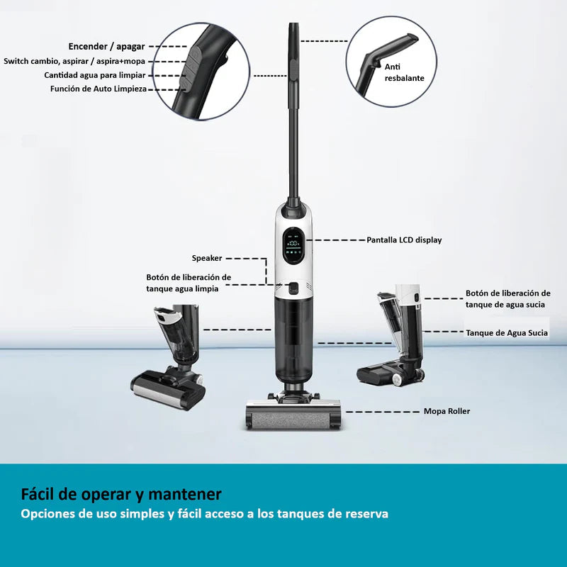 Trapeador Fregona Mopa Aspiradora Electrica Inteligente Inalámbrica Recargable, Mopea Y Aspira, Agua Seco Y Húmedo 170W Batería 2600 Mah Función De Autolimpieza VCMSNM306 CARBONE