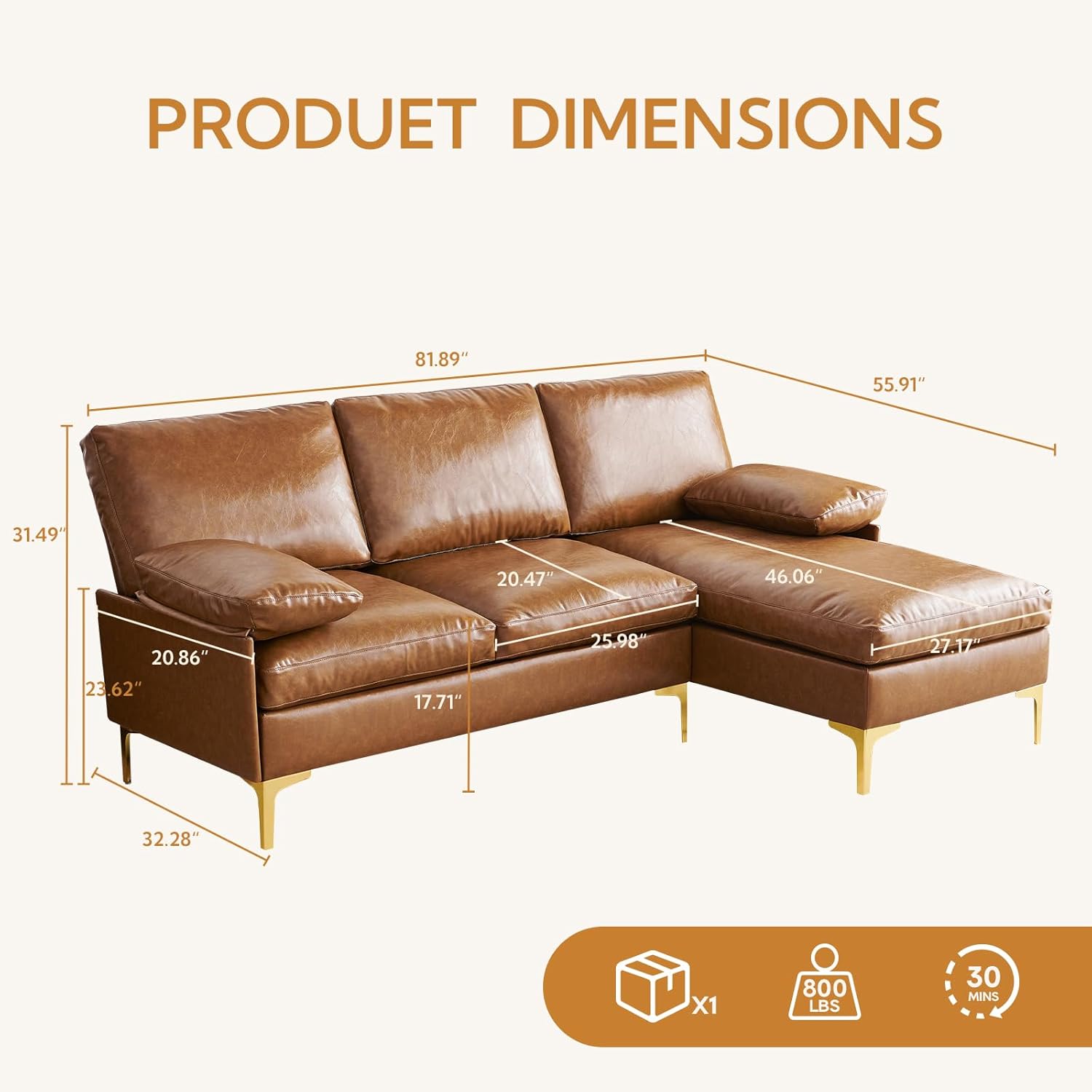 Sofá en L Camel de Cuerina con Patas de Acero Inoxidable 53,93"x32,28"x31,47" 990C-Z3 Atopston Atopston