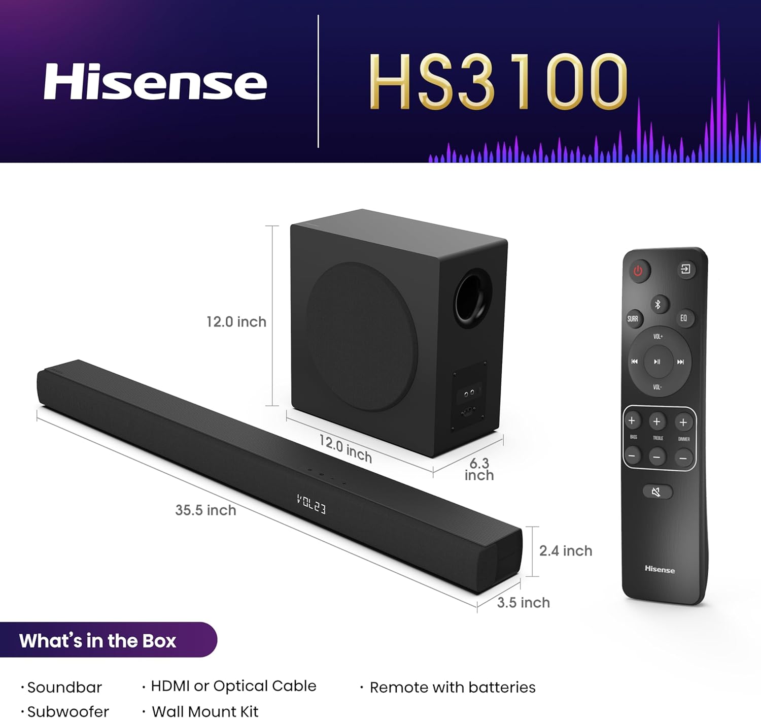 Barra de Sonido 3.1 Canales con Subwoofer Inalámbrico 480W DTS Virtual: X Dolby Digital Plus Bluetooth Hisense HS3100 HISENSE