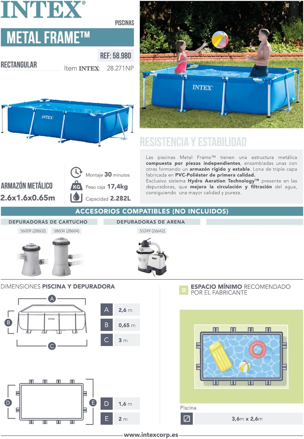 Piscina Desmontable Rectangular 2.6m*1.6m*65cm Intex 28271 INTEX