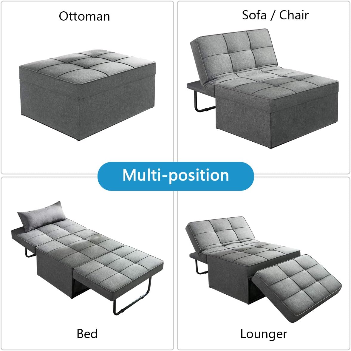 Sofá Cama Convertible 4 en 1 Plegable Multifunción Moderna de Lino Transpirable Gris Oscuro 908A Vonanda