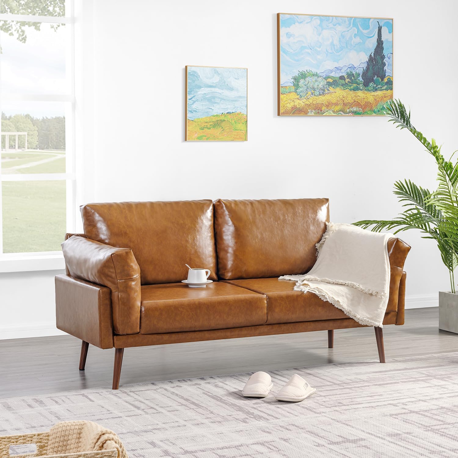 Sofá de Piel Sintética Moderno con Estructura de Madera Maciza Color Camel 3F-909C Vonanda Vonanda
