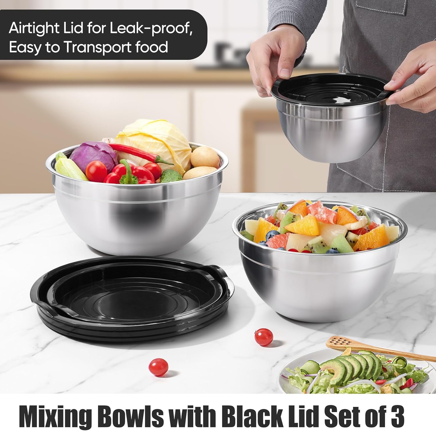 Set 3 Bowls de Acero Inoxidable con Tapa de Plástico 14cm 16cm y 18cm Lotus STL-607-3PCS LOTUS