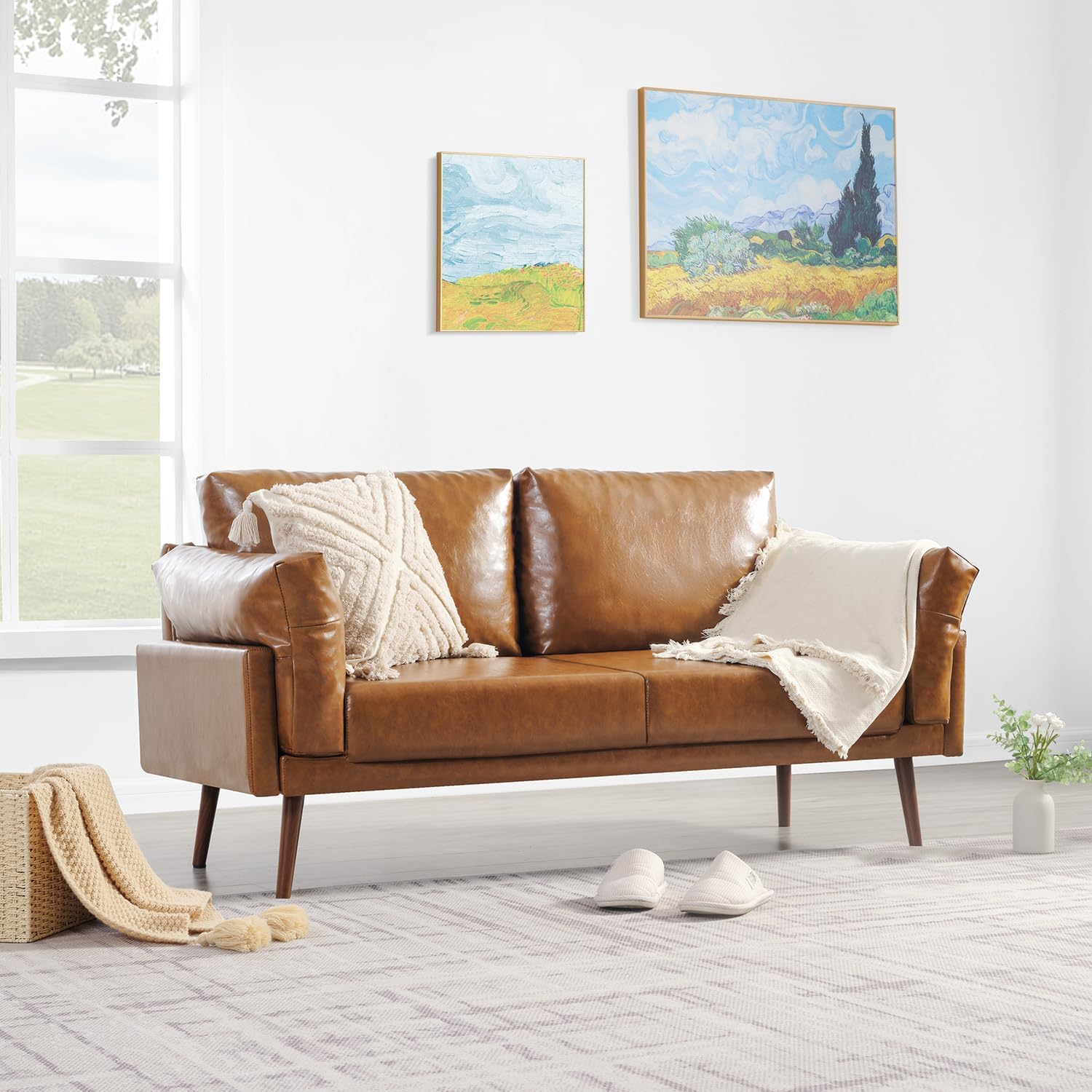 Sofá de Piel Sintética Moderno con Estructura de Madera Maciza Color Camel 3F-909C Vonanda Vonanda