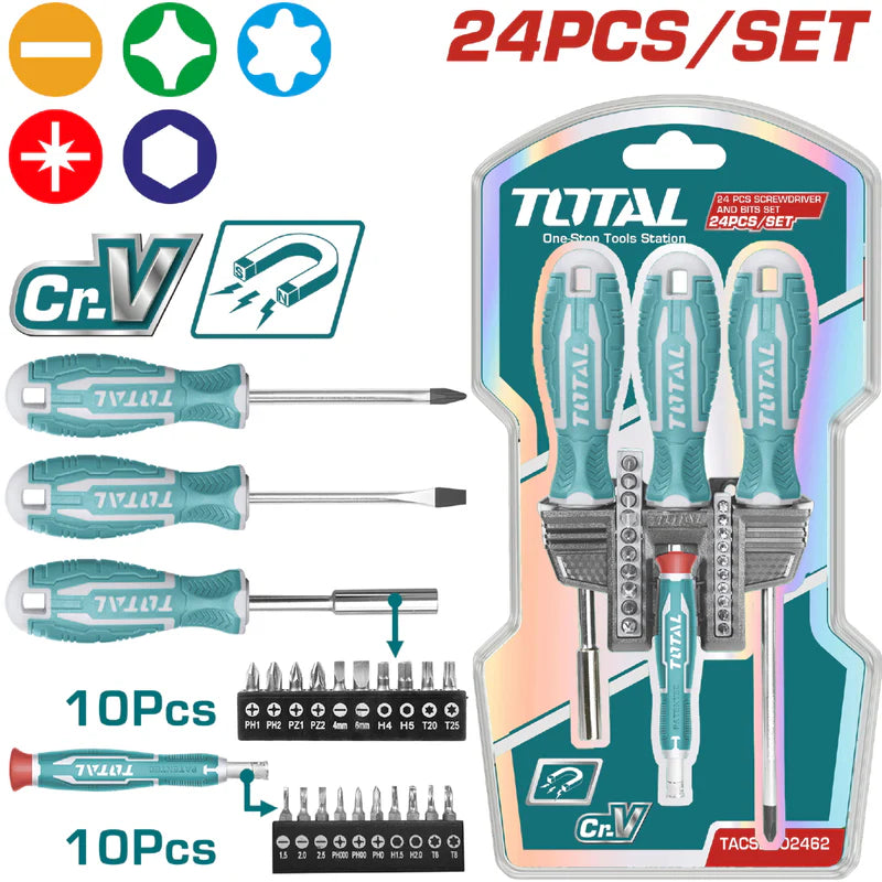Juego De 24 Piezas De Destornilladores Y Puntas. TACSD302462 TOTAL