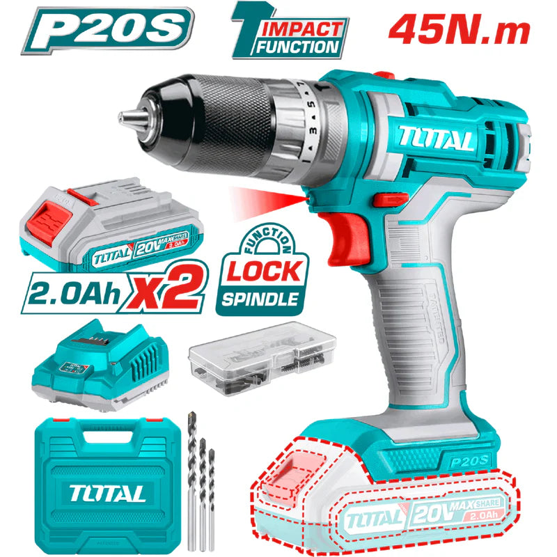 Drill Taladro Inalámbrico Función Impacto 20V De 3/8" 45Nm. Incluye Batería Y Cargador. Total UTIDLI201452