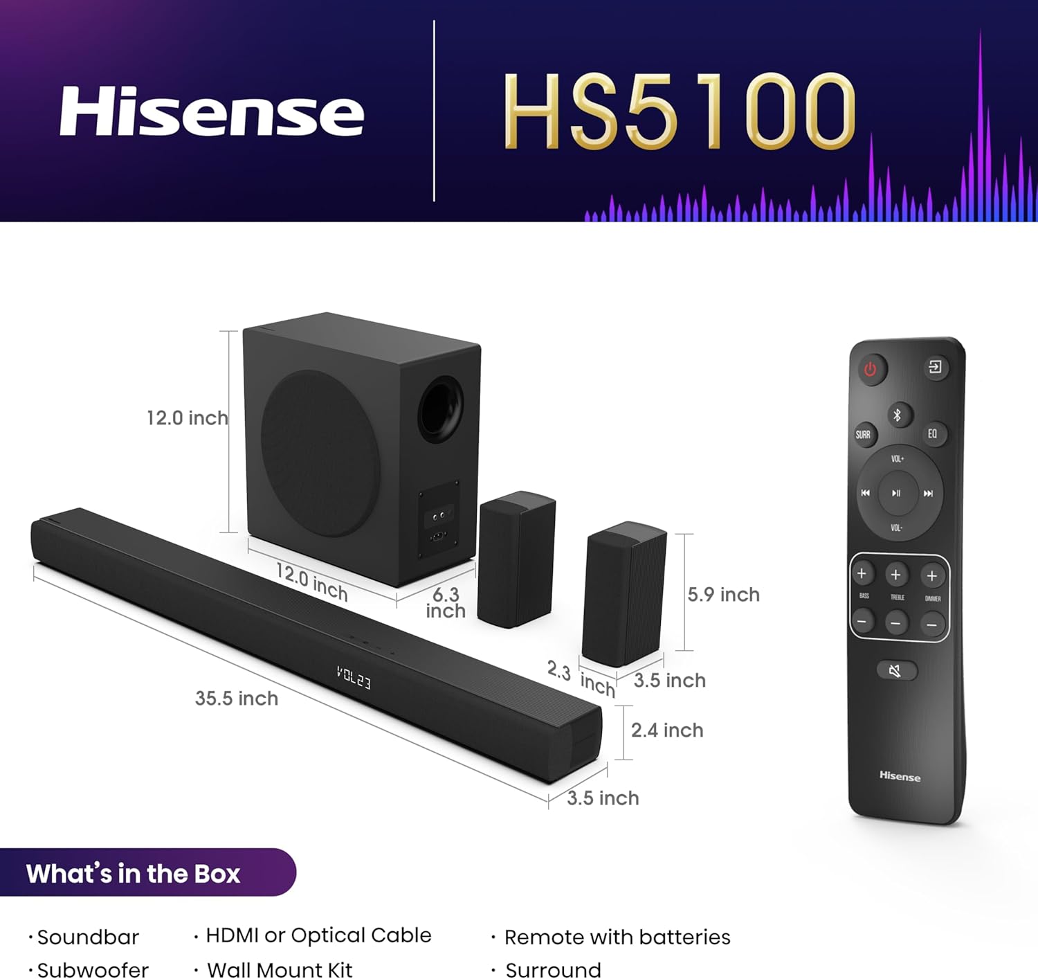 Barra de Sonido 5.1 Canales con Subwoofer Inalámbrico 540W Dolby Digital Plus Bluetooth 5.3 DTS: X Hisense HS5100