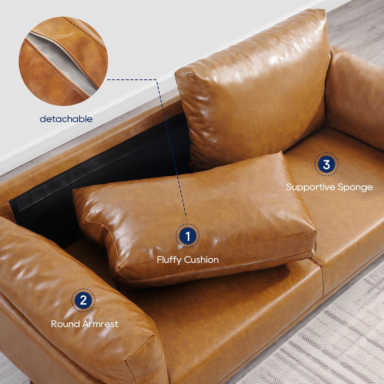 Sofá de Piel Sintética Moderno con Estructura de Madera Maciza Color Camel 3F-909C Vonanda Vonanda