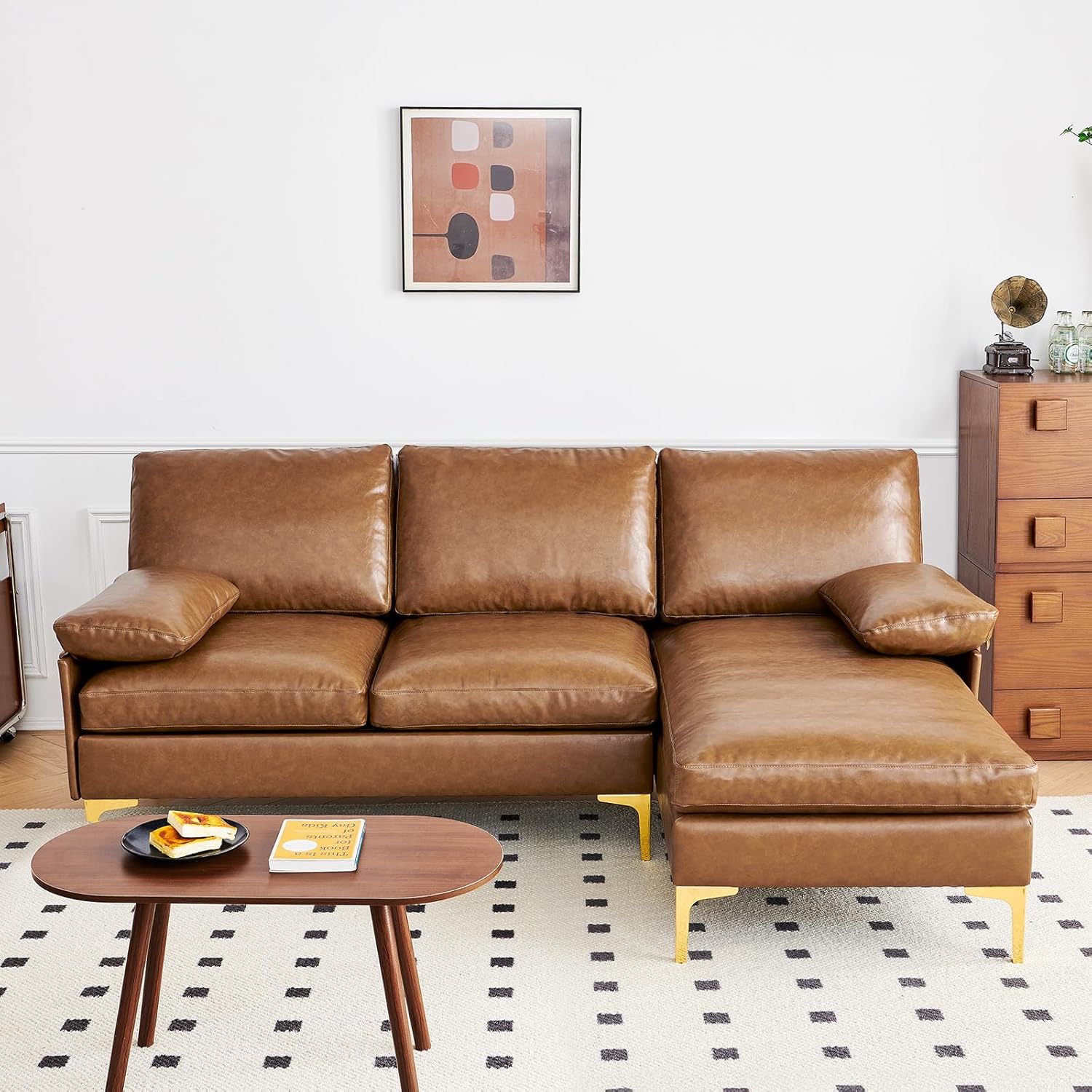 Sofá en L Camel de Cuerina con Patas de Acero Inoxidable 53,93"x32,28"x31,47" 990C-Z3 Atopston Atopston