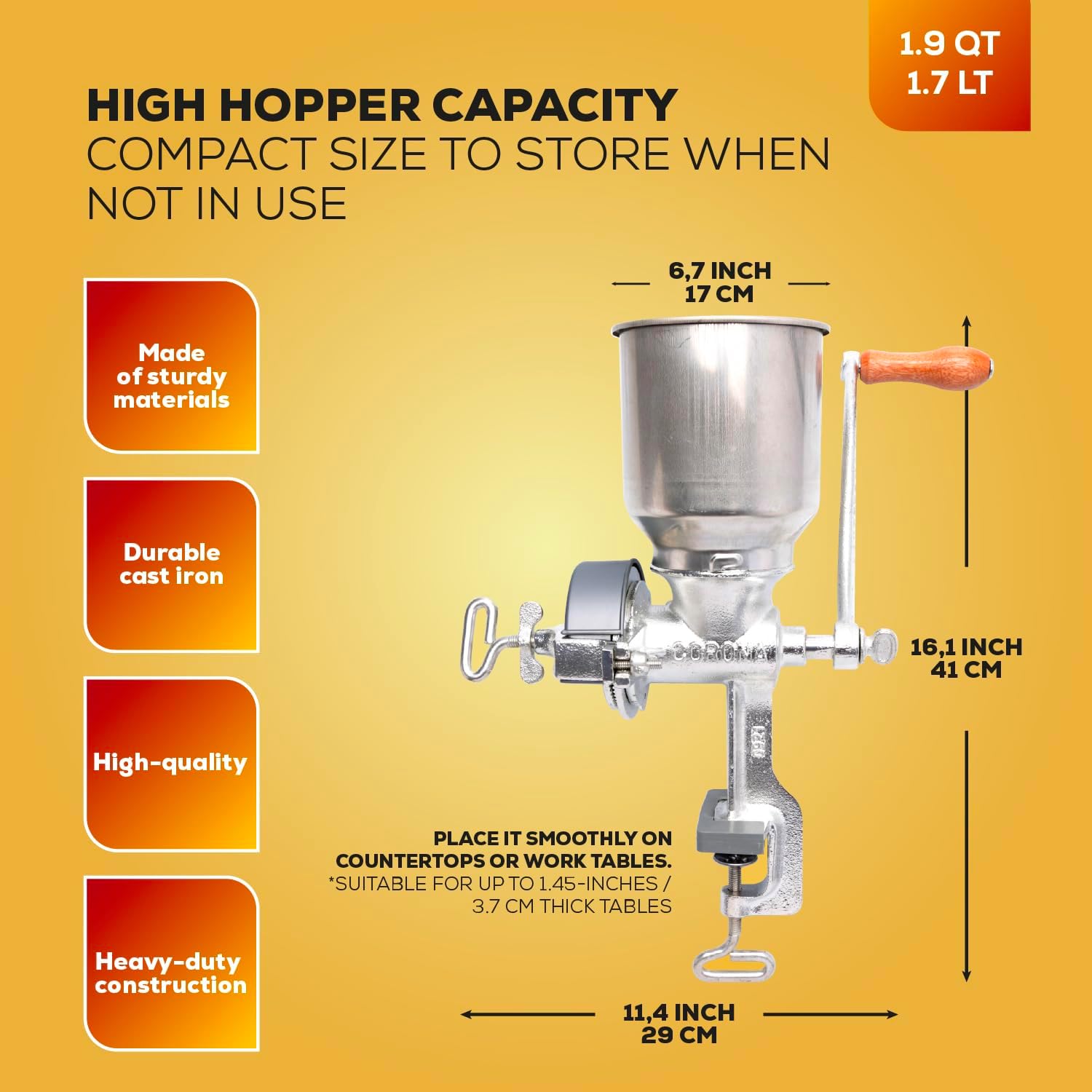 Molino de Maíz de Hierro Fundido con Tolva Alta Corona