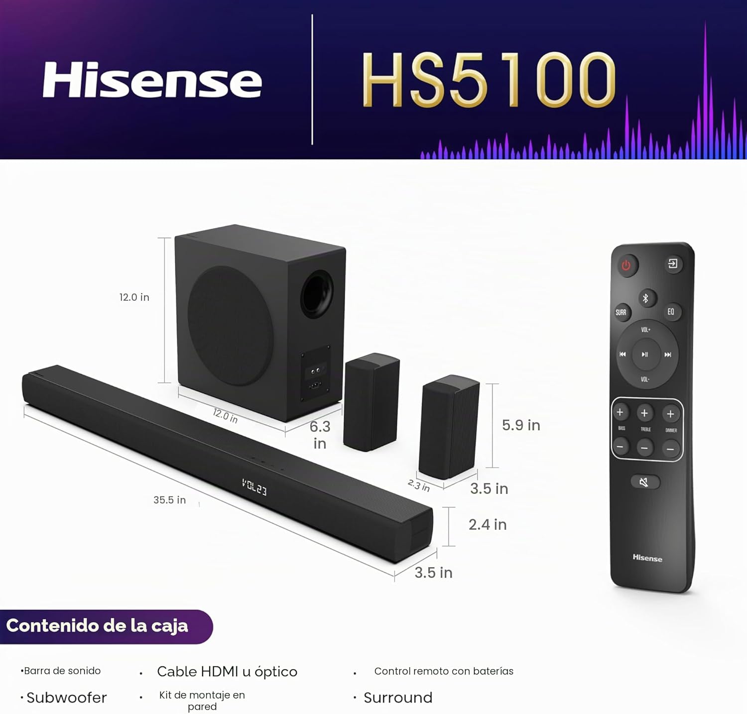 Barra de Sonido Hisense HS5100 5.1 Canales con Subwoofer Inalámbrico, Altavoces Traseros y 540W | Dolby Audio & DTS Virtual:X