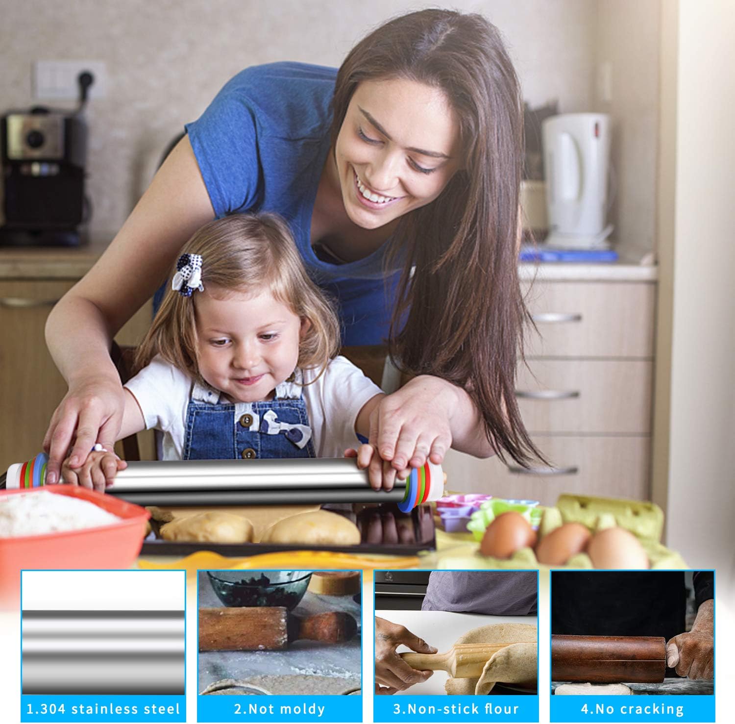 Rodillo de Acero Inoxidable Antiadherente con 4 Anillos de Disco Ajustable Excalibur EX-M16-KT2203