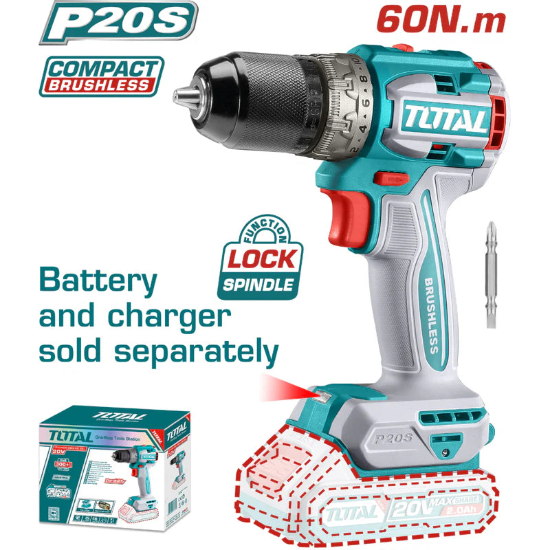 Drill Taladro Inalámbrico 1/2" 20V 60Nm. 22+1 Motor Sin Escobillas. Batería Y Cargador Por Separado. Super Total TDLI206021 TOTAL