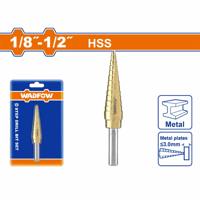 Broca Escalonada 1/8"-1/2". Diámetro De Vástago: 1/4". Pasos: 1/32". UWJD2401