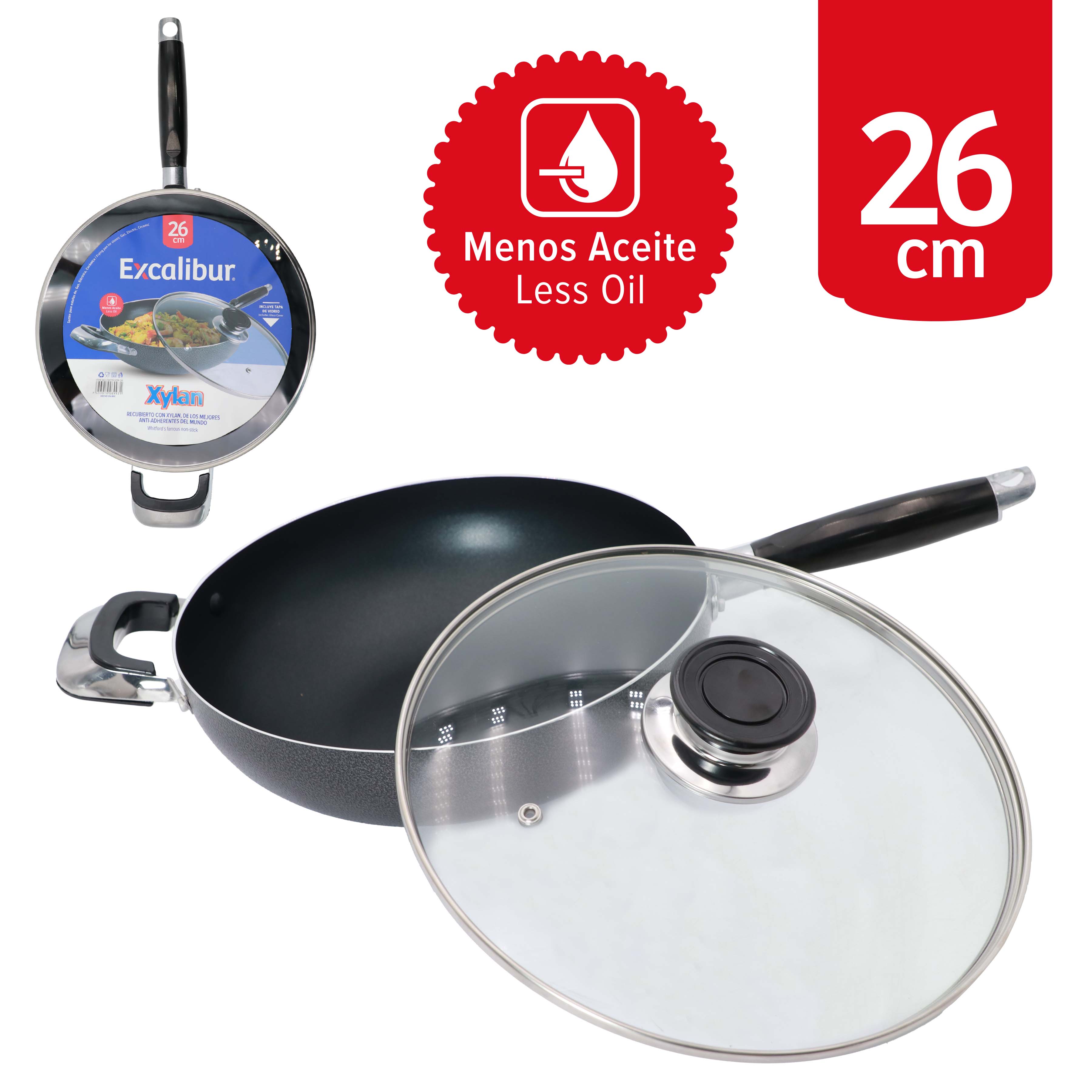Sartén Antiadherente Excalibur 26 cm con Tapa de Vidrio | Recubrimiento Xylan | 7A018-SDN-26