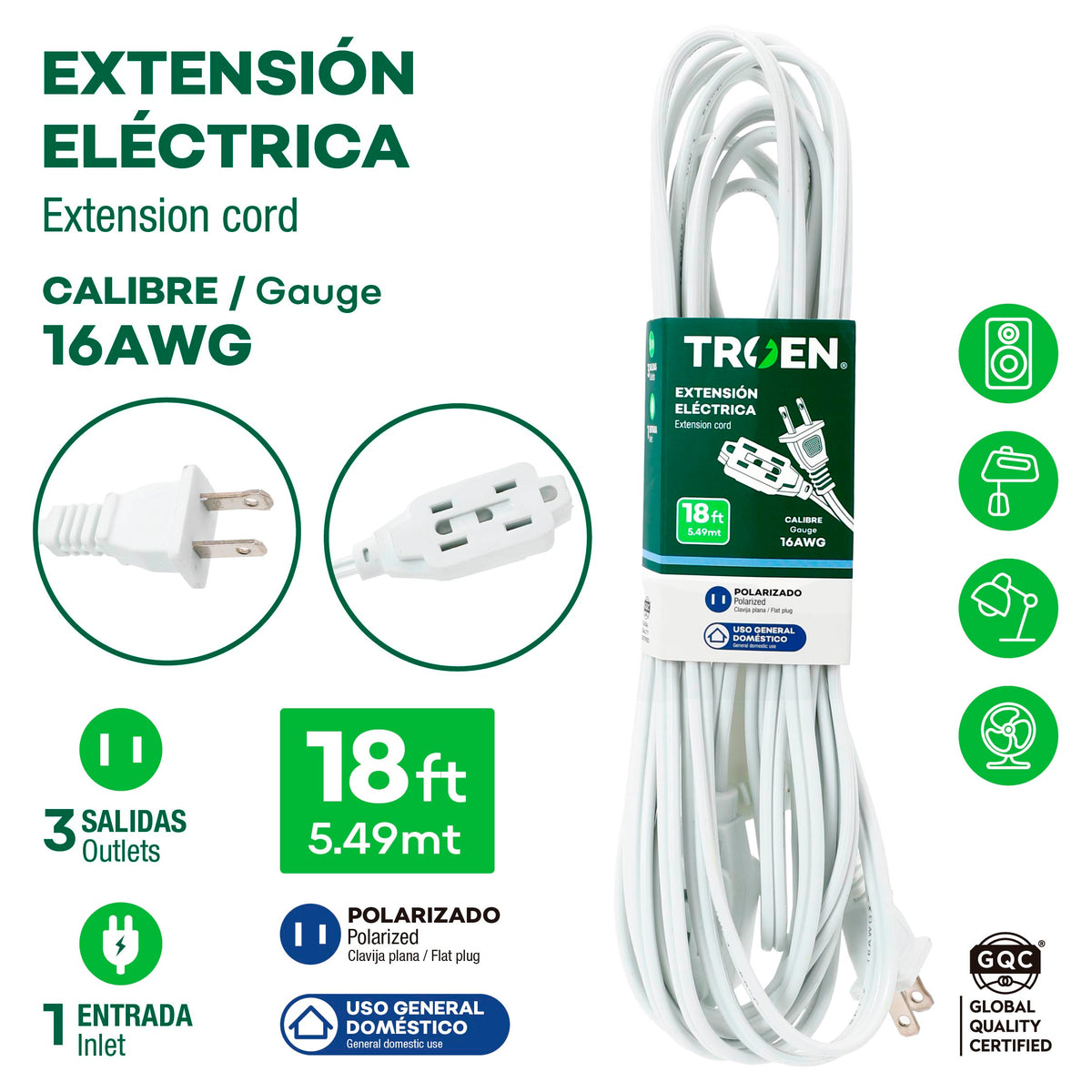 Extensión Eléctrica 18 Pies / 5.49 Metros con 3 Salidas 16AWG Troen 7A136-F0601-18FT