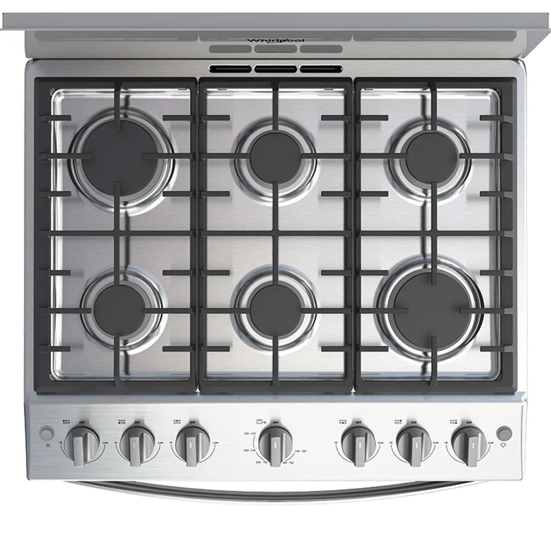 Estufa con Horno a Gas Whirlpool LWFR3400D de 30 Pulgadas con 6 Quemadores, Parrillas de Hierro Fundido y Horno EverClean