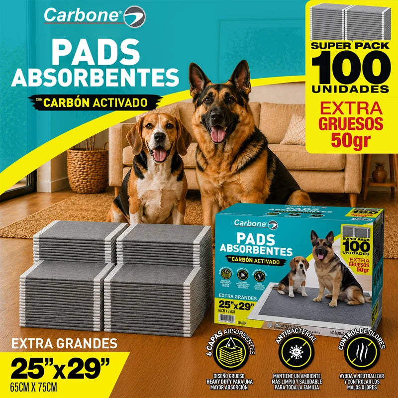 Pads De Entrenamiento Para Perros Grandes 65X75cm (Pack De 100 Unidades). 6 Capas Ultra Absorbentes Con Carbón Activado. Antiolores, Antifugas Y Adhesivo Al Piso En Esquinas. UN-A234