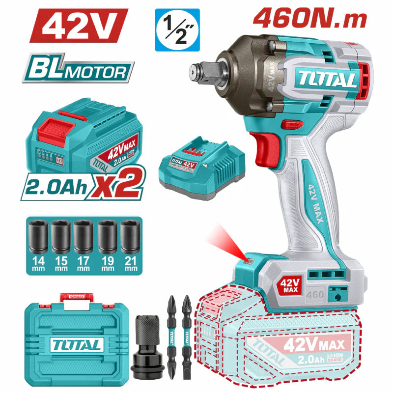 Llave Impacto Dado Cuadrado 1/2" 42V. Motor Sin Escobillas. 460Nm. 2 Baterías Y 1 Cargador. UTIWLI42462 TOTAL