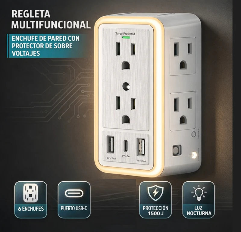 Regleta De Enchufes Para Pared Carbone Con Protector De Sobretensiones Y USB Mas 6 Enchufes Y Lampara Led Touch TSU-001