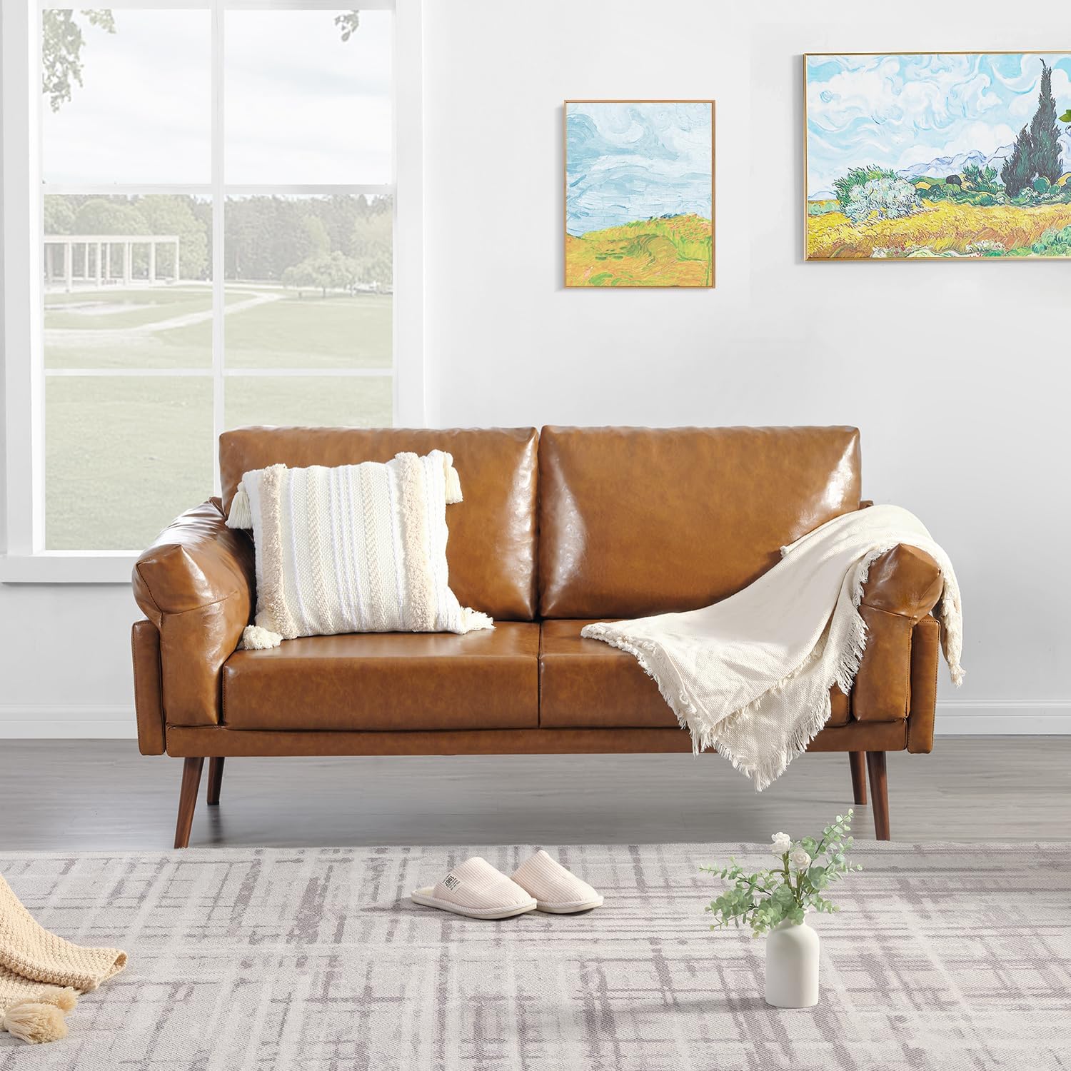 Sofá de Piel Sintética Moderno con Estructura de Madera Maciza Color Camel 3F-909C Vonanda Vonanda