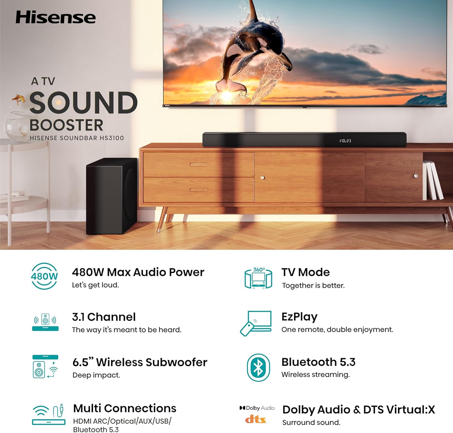 Barra de Sonido 3.1 Canales con Subwoofer Inalámbrico 480W DTS Virtual: X Dolby Digital Plus Bluetooth Hisense HS3100 HISENSE