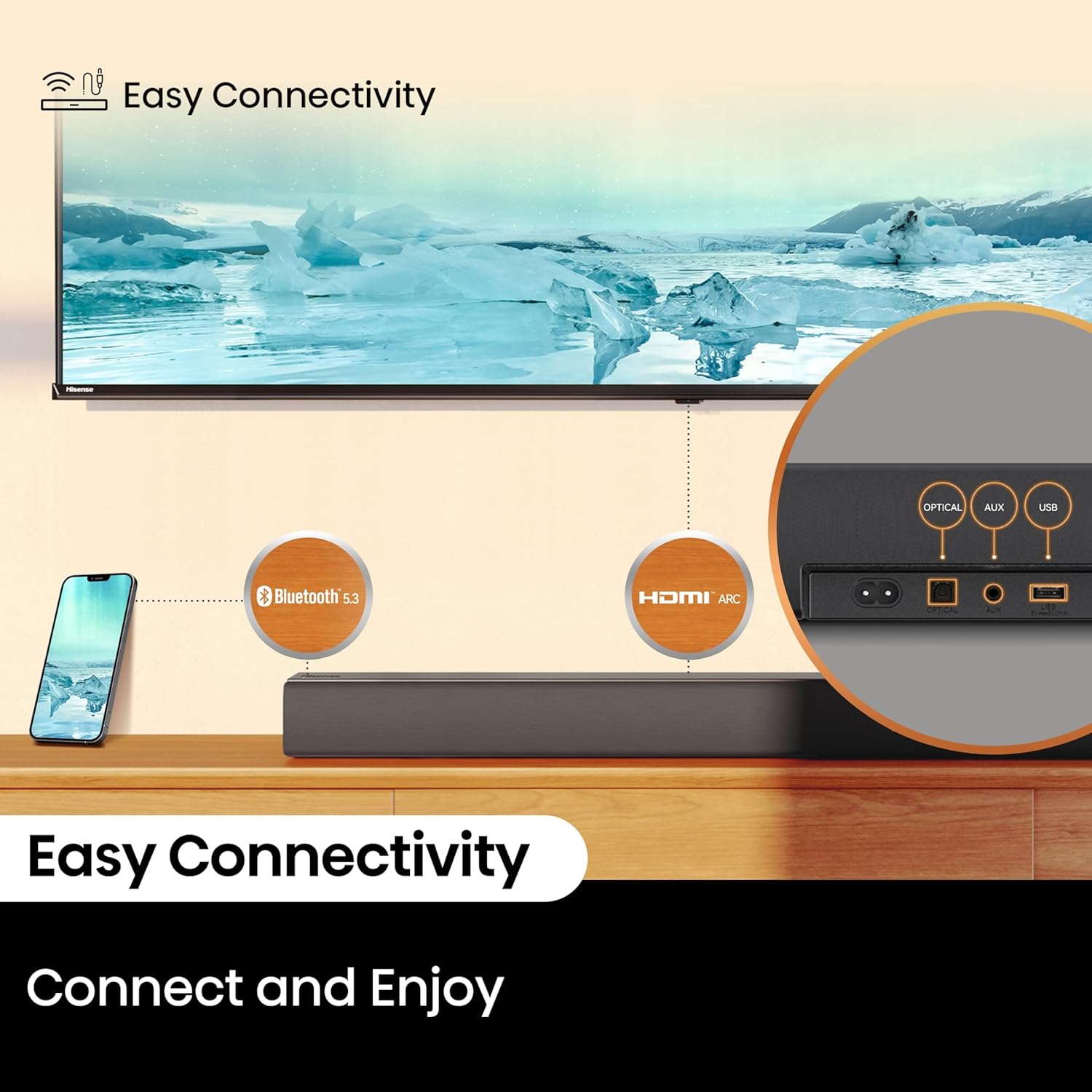 Barra de Sonido 3.1 Canales con Subwoofer Inalámbrico 480W DTS Virtual: X Dolby Digital Plus Bluetooth Hisense HS3100 HISENSE