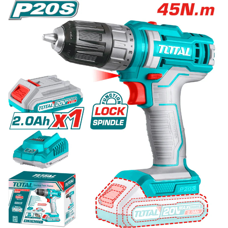 Taladro Drill Inalámbrico 20V De 3/8" 45Nm 0-1500Rpm. Incluye Batería Y Cargador. Total UTDLI200518 TOTAL