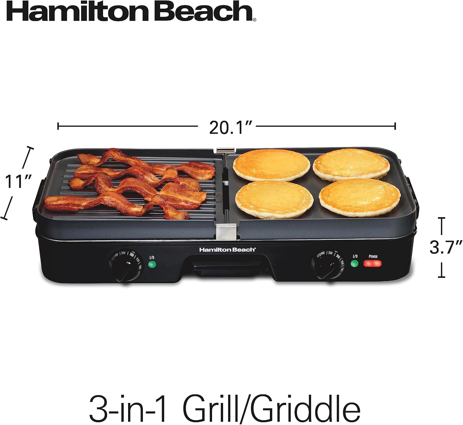 Plancha y Parrilla Eléctrica Hamilton Beach HB38546 3 en 1 – 1400W, Placas Reversibles y 2 Zonas de Cocción