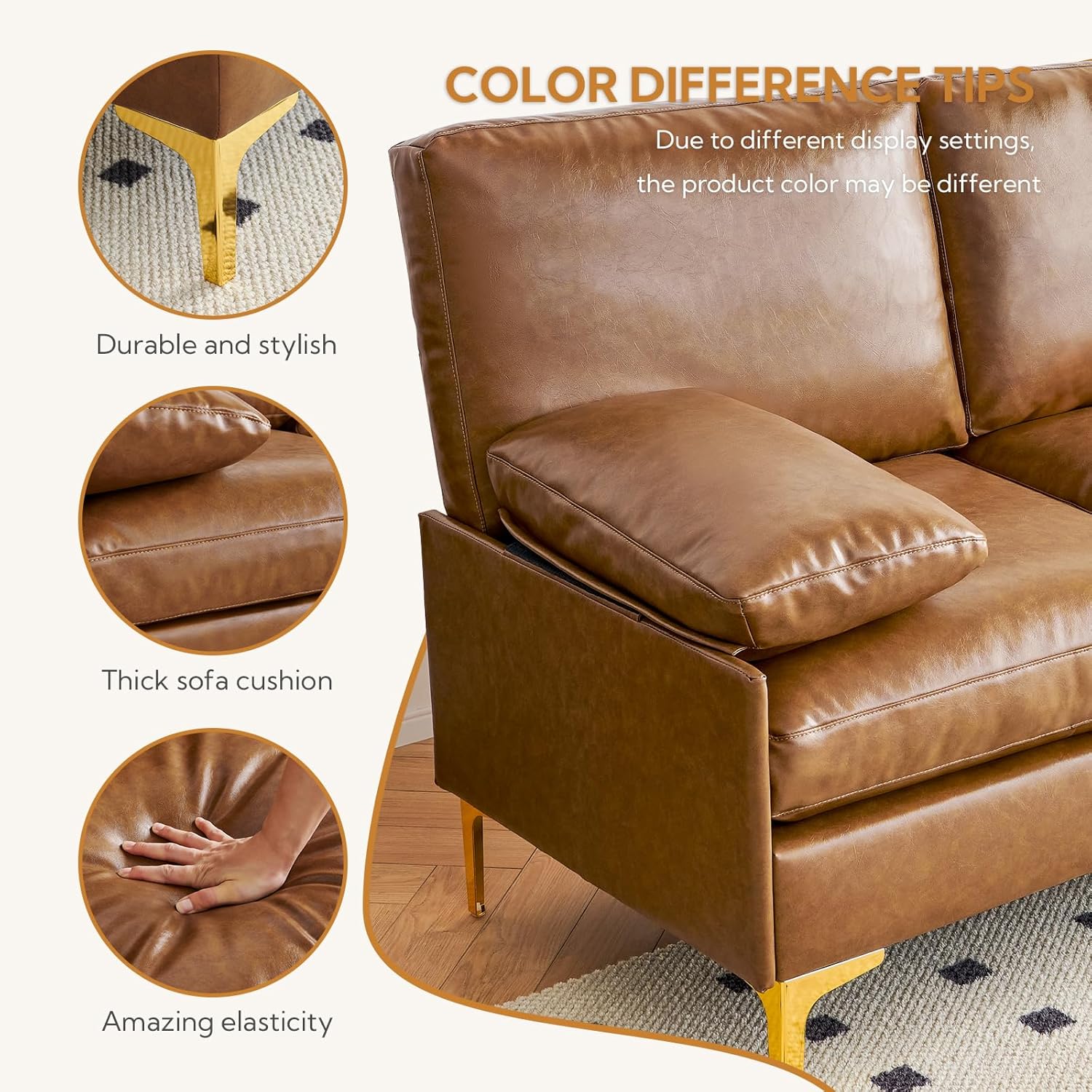 Sofá en L Camel de Cuerina con Patas de Acero Inoxidable 53,93"x32,28"x31,47" 990C-Z3 Atopston Atopston