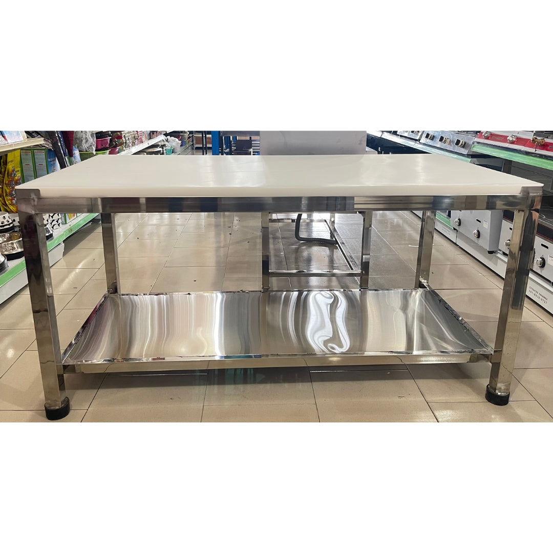 Mesa de Acero Inoxidable 201 de 2 Niveles con Tabla de Picar de 30mm 160x80x80cm Selecto