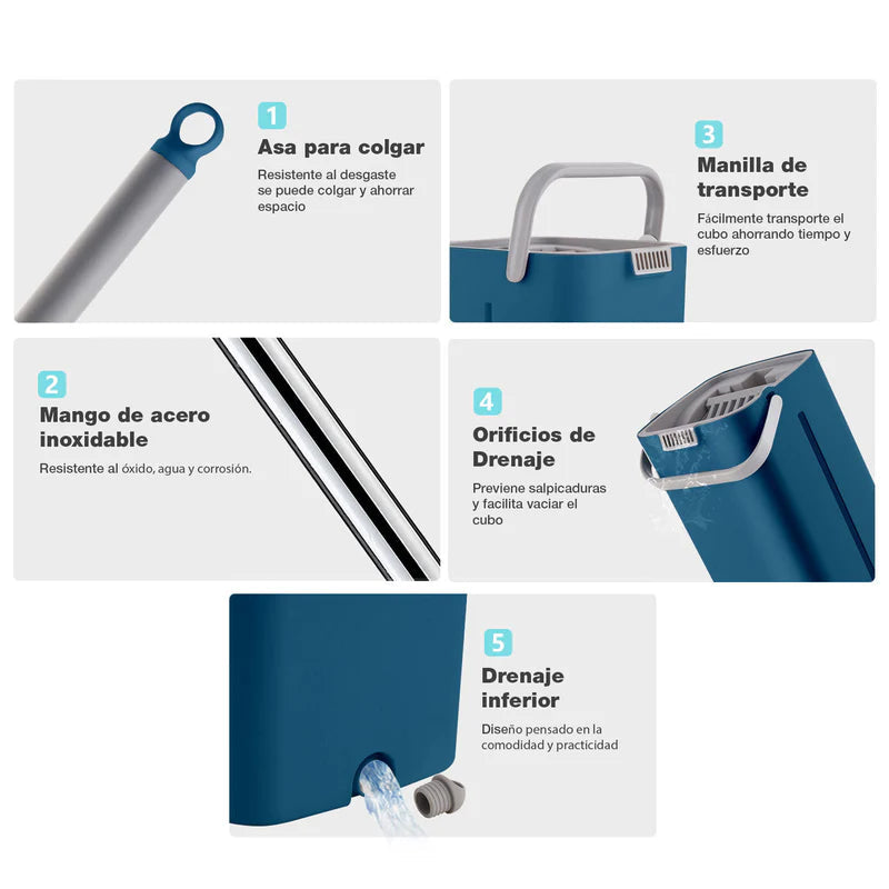 Trapeador Mop Plano De Microfibra Con Cubo Exprimidor AN23 CARBONE
