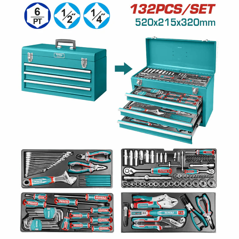 Caja De Herramientas Variadas 3 Niveles Y Una Base. Incluye 132 Piezas. Juego Kit Total THPTCS71321 TOTAL