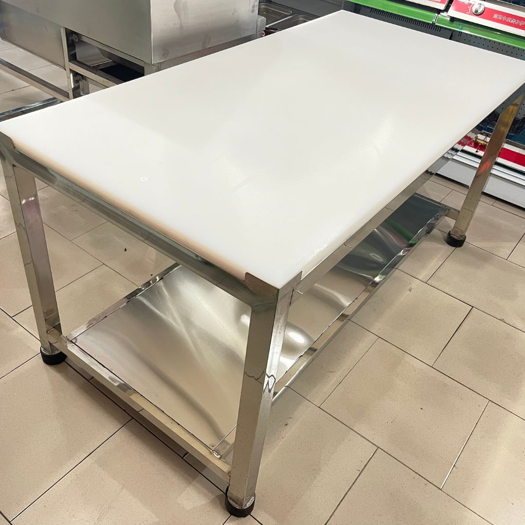 Mesa de Acero Inoxidable 201 de 2 Niveles con Tabla de Picar de 30mm 160x80x80cm Selecto
