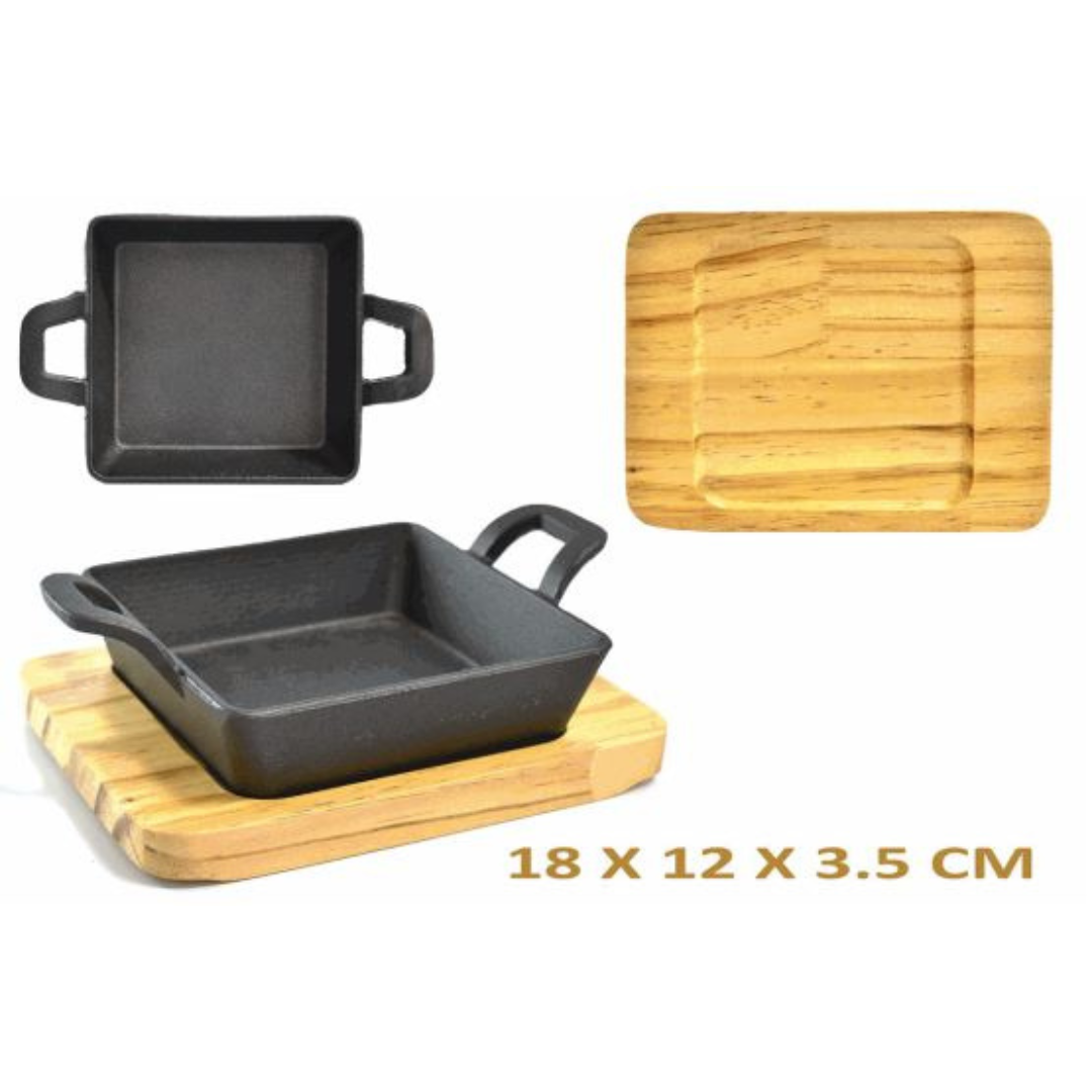 Mini Sartén de Hierro Fundido con Bandeja de Madera 18x12x3.5cm 86051 Selecto