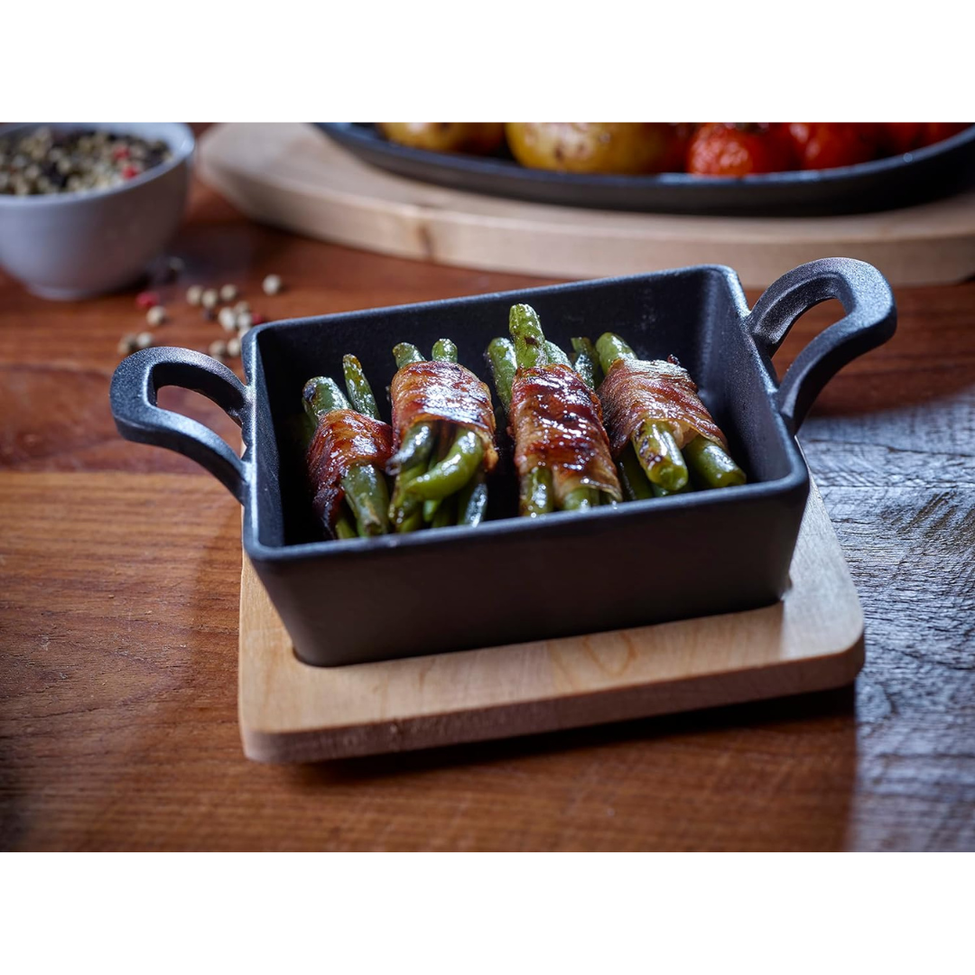 Mini Sartén de Hierro Fundido con Bandeja de Madera 18x12x3.5cm 86051