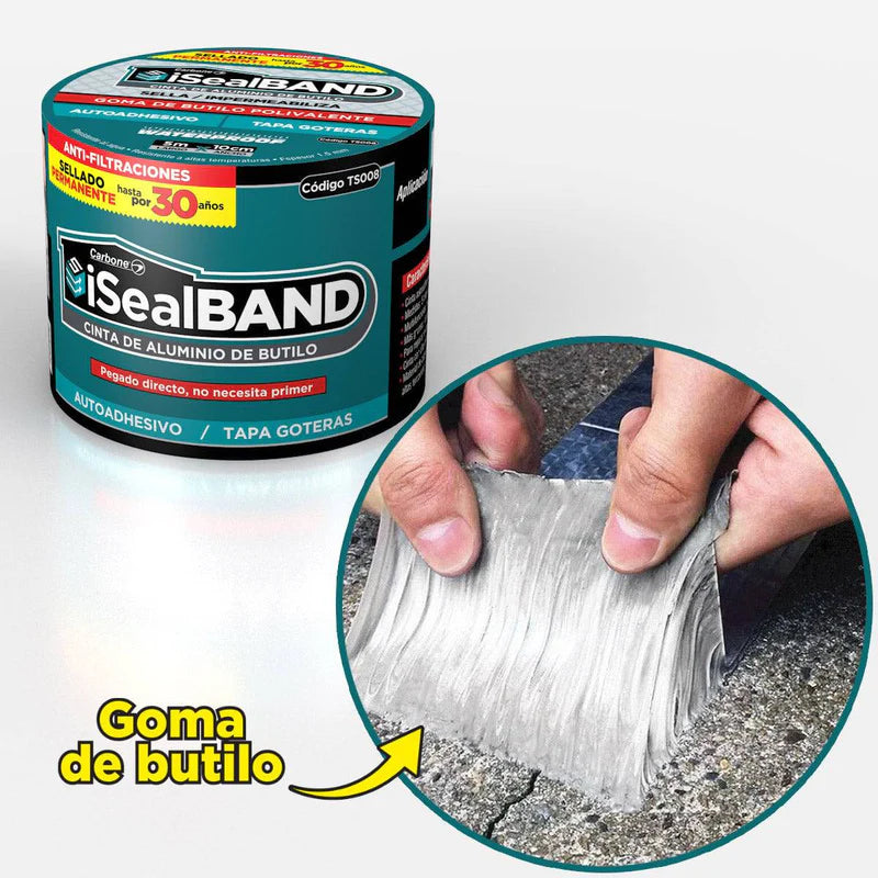 Cinta Tapagoteras Goma De Butilo Y Aluminio Iseal-Band Para Filtraciones De Techo. 4¨Ancho X 5 Mts Largo Duración 30 Años. Sellado Definitivo TS008.1 CARBONE