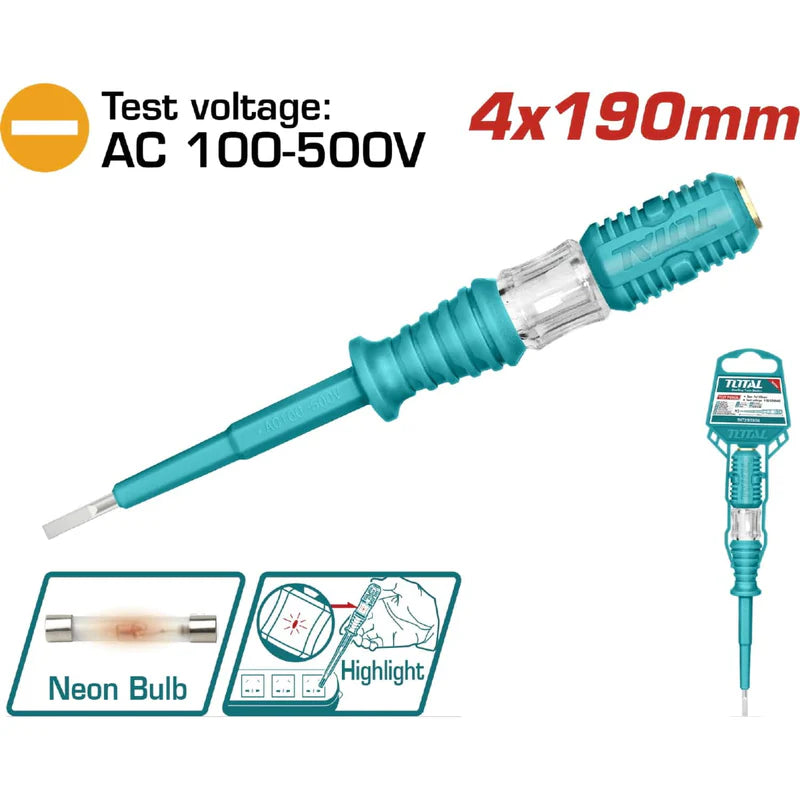 Lapiz Tester Para Medir Voltaje AC 100-500 V. Tamaño De La Ranura 4 X 190 Mm. Viene En Blister. Total THT291908 TOTAL