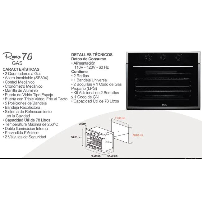 Horno Empotrable a Gas Roma 76 Drija