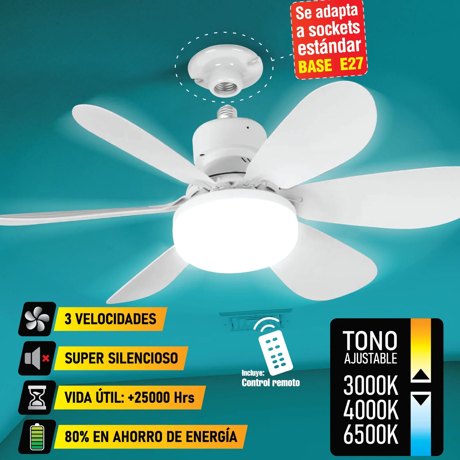 Abanico De Techo 20" Socket E27 Con Luz Led Tono Ajustable 3000/4000/6500K, 1900 Lumens 6 Aspas 3 CCT 520X185mm ELT0387